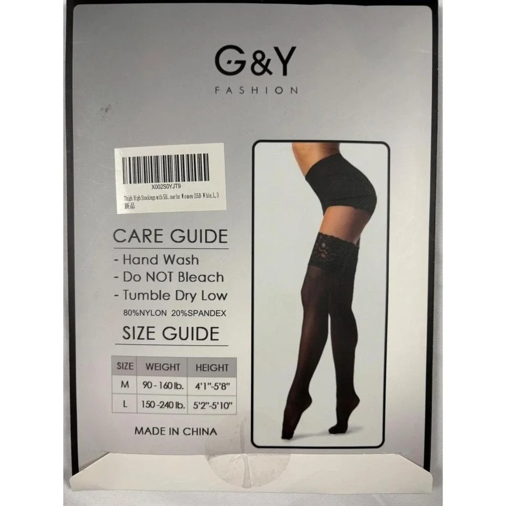 G&Y Fashion WHITE‎ Thigh High Stockings Size L 15D Silicone Stay Up NWT